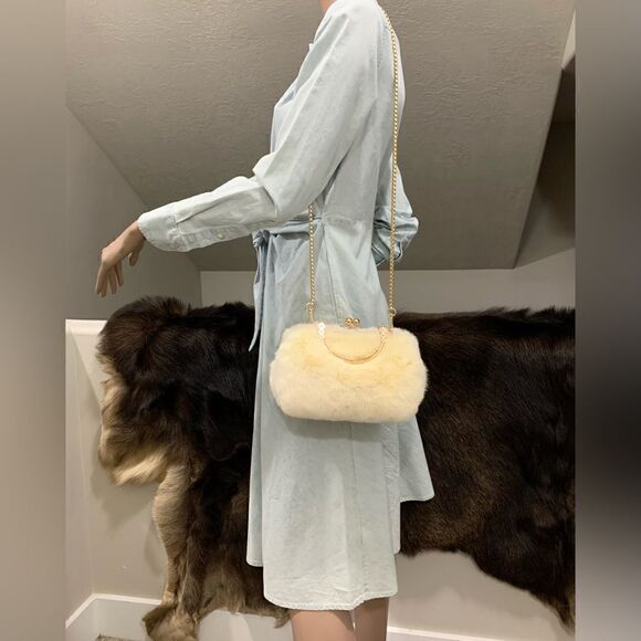 Handmade Real Rex Rabbit Fur Kisslock Top Handle bag/Crossbody & 2 Chain Styles - Picture 12 of 16